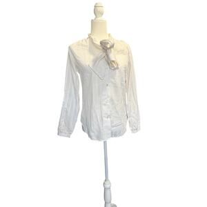 LAURA MAE Vintage White Blouse With Ascot Bow and Subtle Metalic Threads Size 12